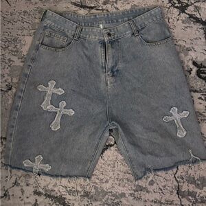 Distressed Denim Shorts with Cross Patches